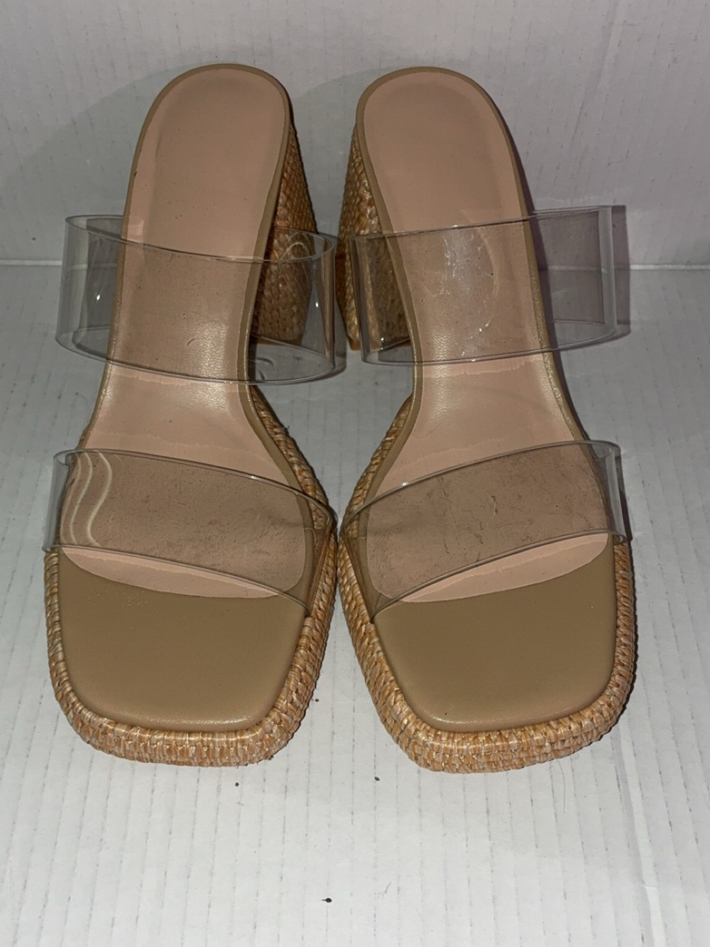Clear Strap Tan Woven Block Heel Sandals - Women